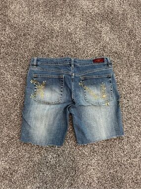 Machine Embellished Blue Denim Jean Shorts with Gold Accents